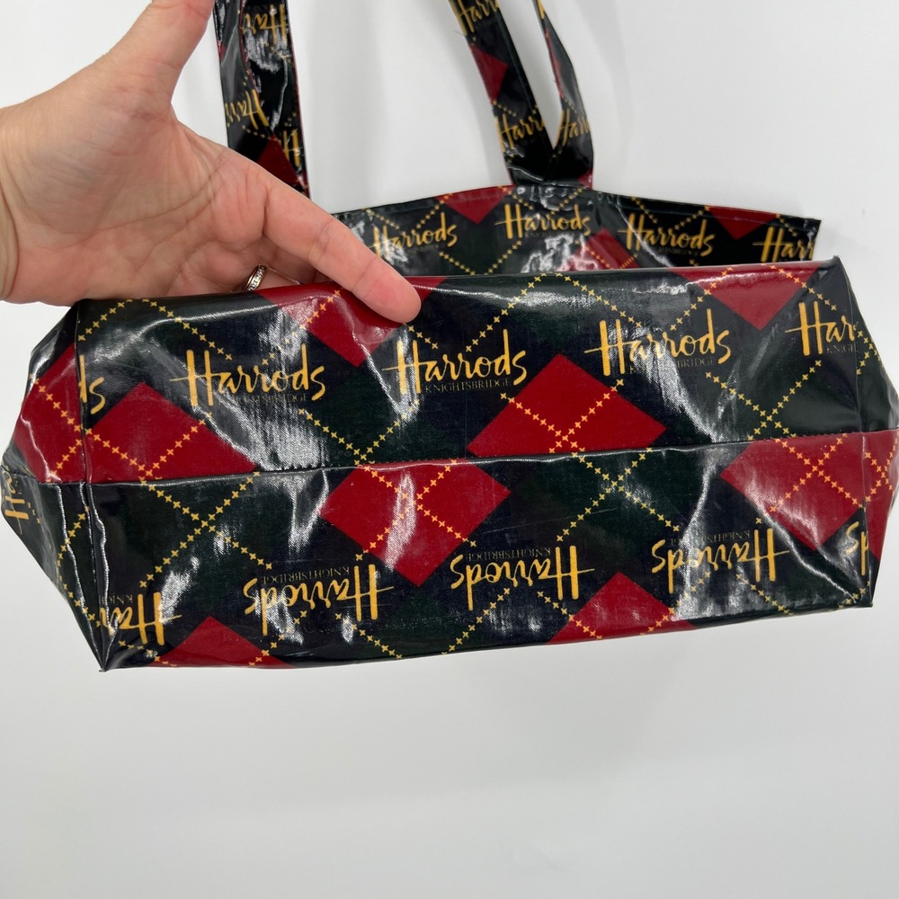 Two Vintage Harrods Knightsbridge London Coated Canvas Tote Bags Argyle Plaid View 3